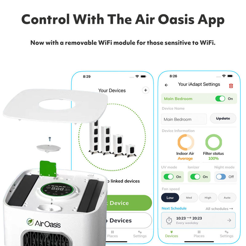 Air Oasis iAdaptAir 2.0 Small 5 Stage True HEPA Filtration for Viruses Mold Dust Smoke Pollen Odors with 2 year Filter Life Ozone Free Bi Polar Technology WiFi Compatible and up to 1 325